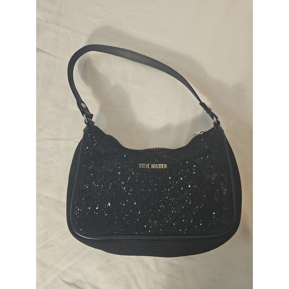 Steve Madden Black Sequin Crescent Shoulder Bag, Zip Closure, Solid Pattern